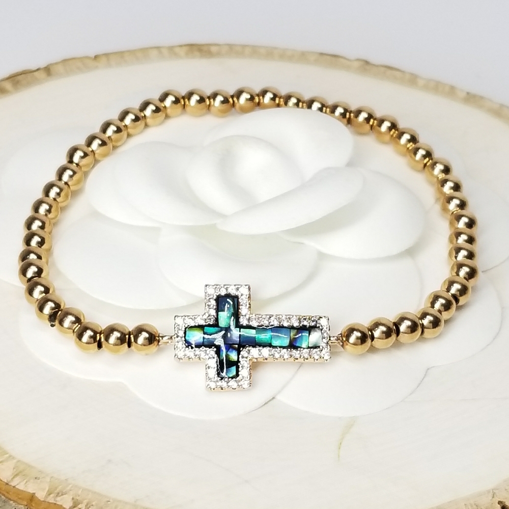 18K Gold Stainless Steel Pave CZ Cross Bracelet - Picture 6 of 10